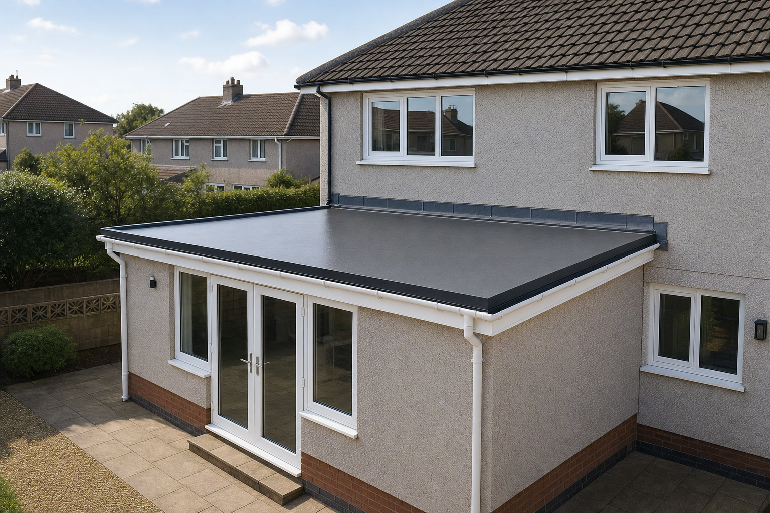 A modern extension with a flat roof and patio doors on a semi-detached house in a suburban area.