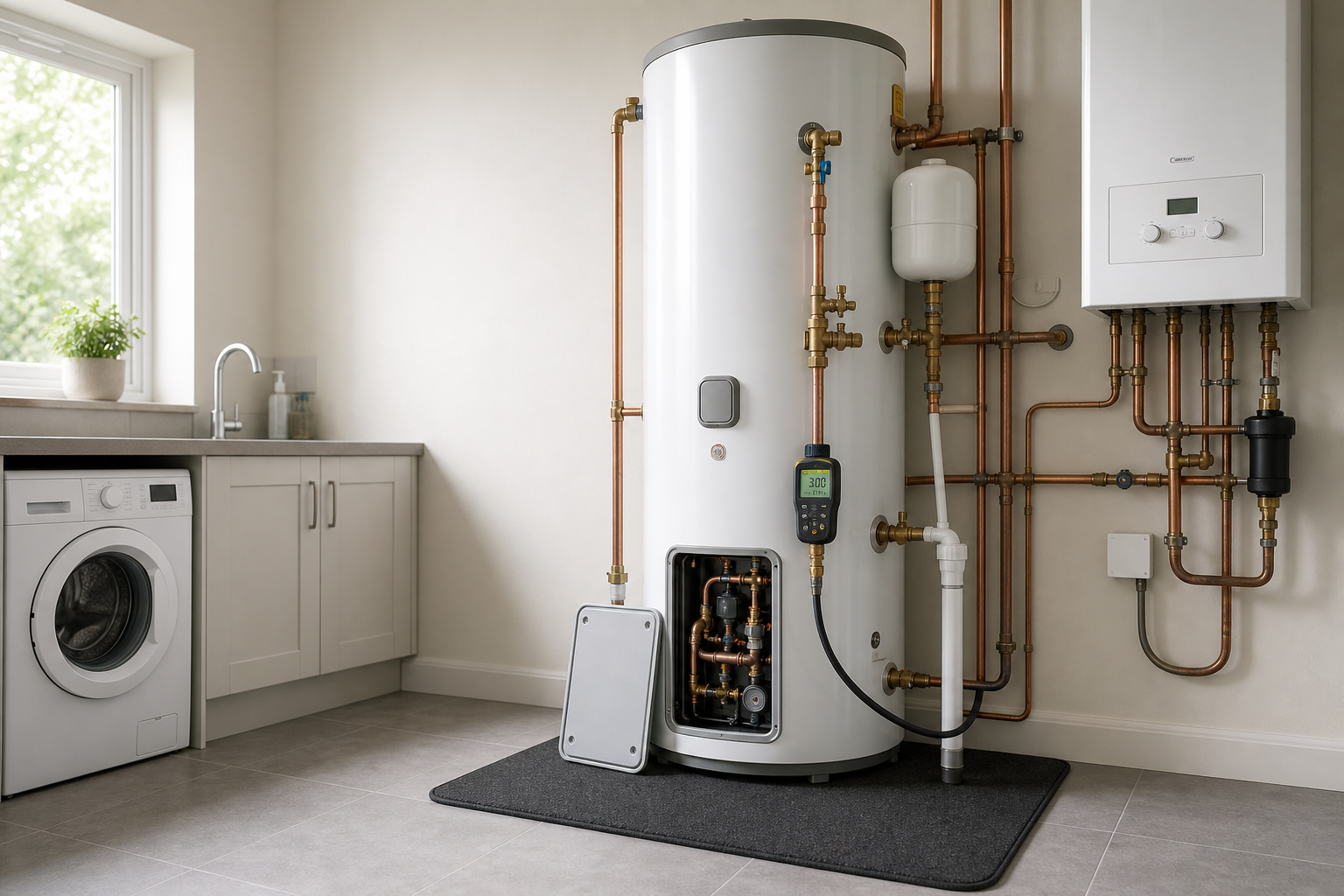 Utility room with a large water heater, washing machine, and copper piping along the wall.