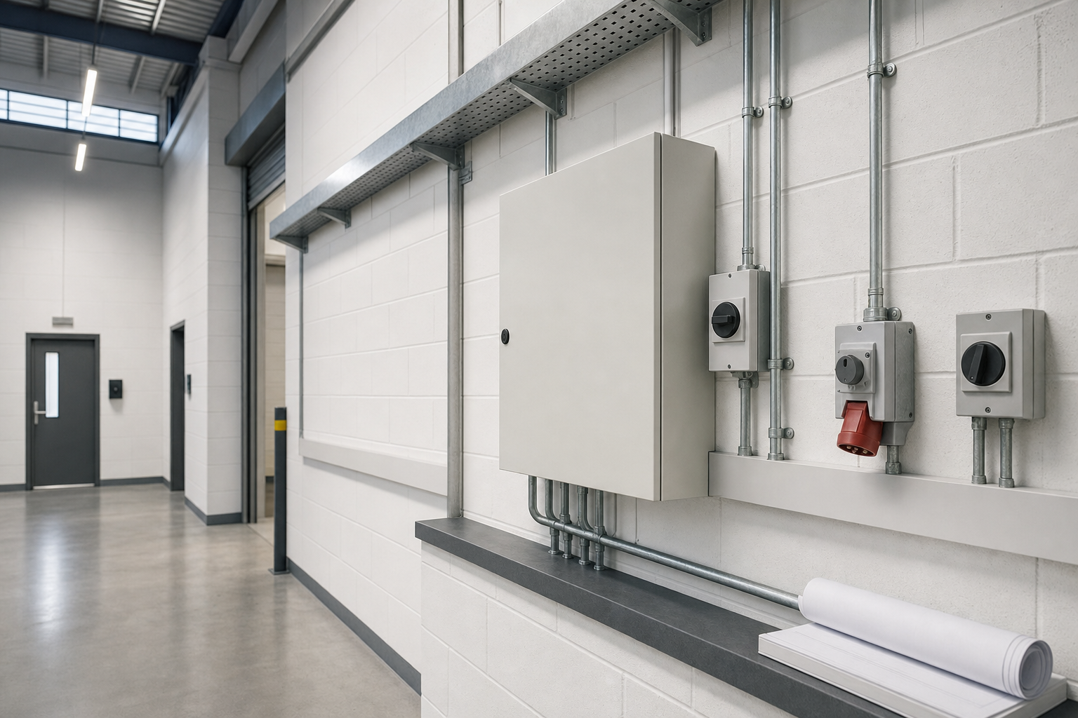 Industrial hallway with electrical panels, conduit, and a roll of plans on a work surface.
