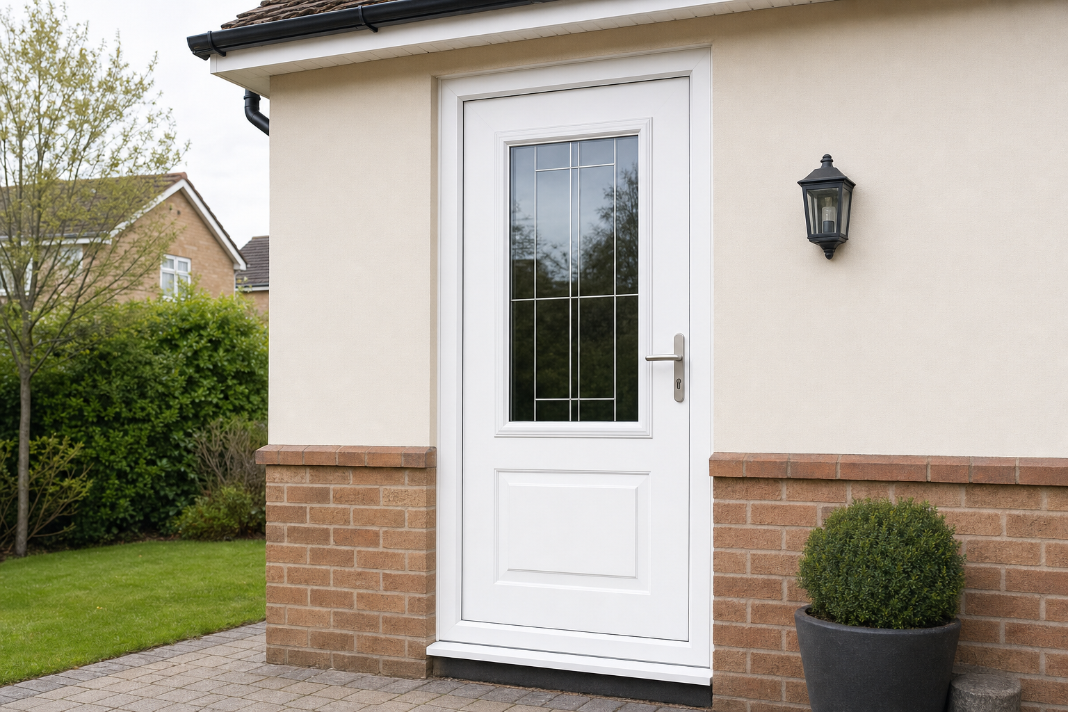 White front door with glass panels and a black wall lantern, surrounded by beige and brick walls.