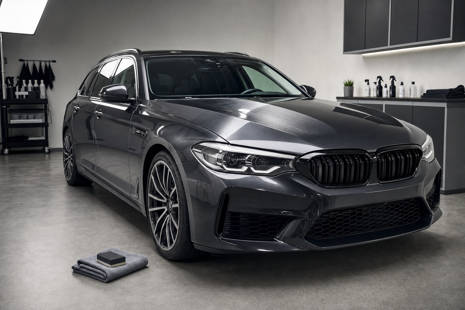A sleek dark grey estate car parked indoors, with cleaning products and towels neatly arranged nearby.