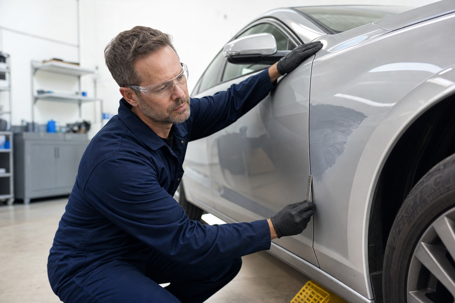 Mechanic repairing a car door scratch in a garage, wearing gloves and safety glasses.