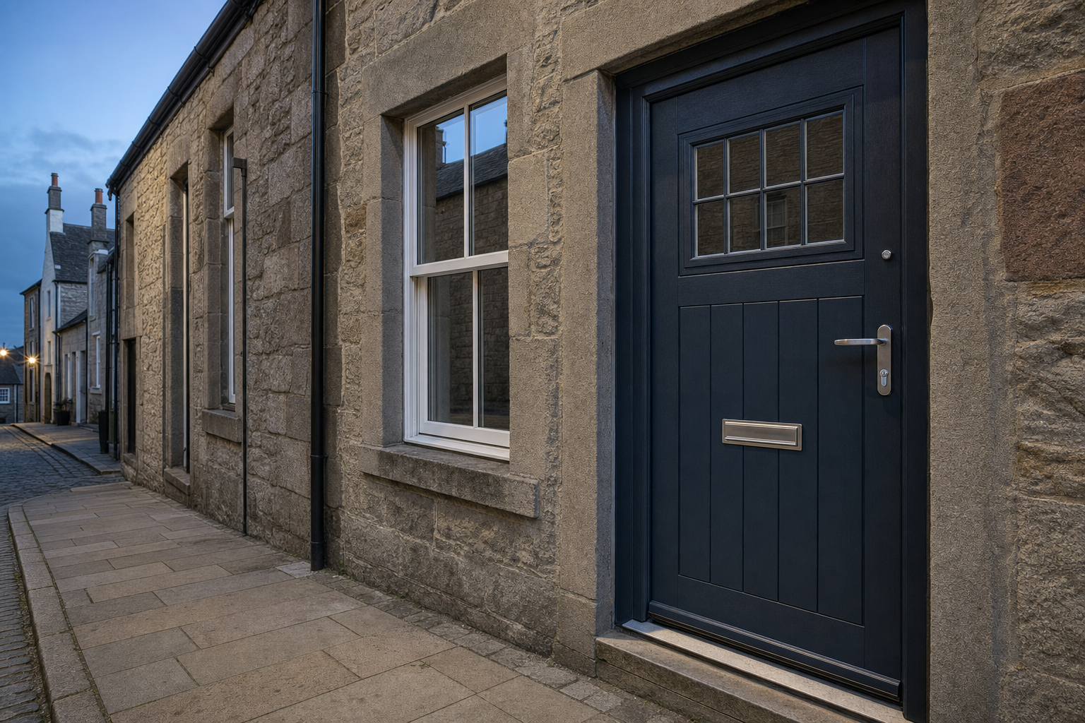 A blue front door with a mail slot on a stone building in a quiet street during early evening.