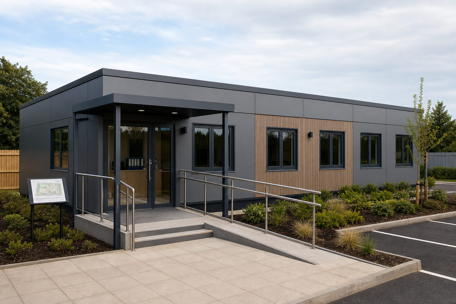 Modern single-storey modular building with a ramp entrance and landscaped surroundings.