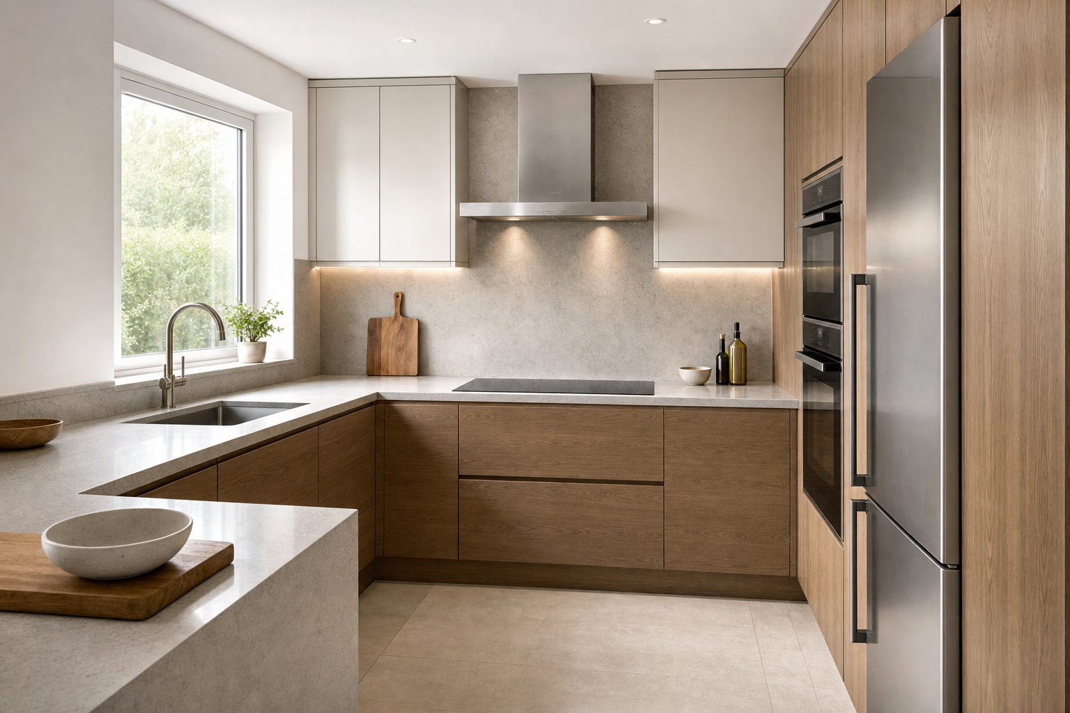 Modern kitchen with wooden cabinets, integrated stainless steel appliances, and a large window overlooking greenery.