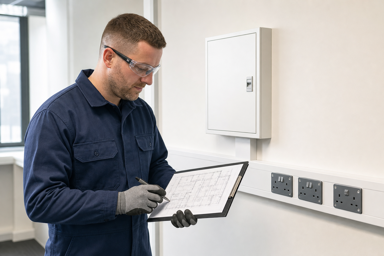 Electrician in blue overalls examines a wiring diagram near a row of wall outlets.