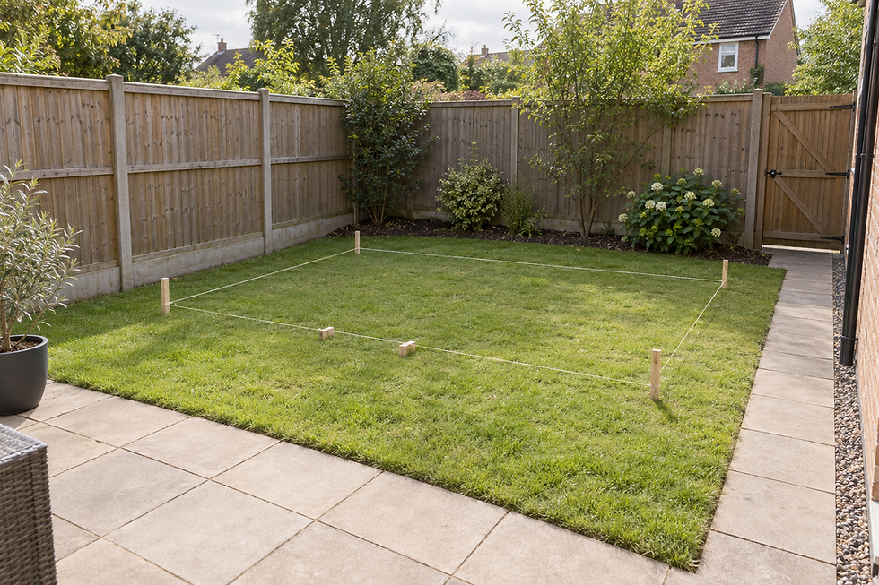 A small, neatly fenced garden with a square area marked by wooden stakes and string, surrounded by a wooden fence and plants.
