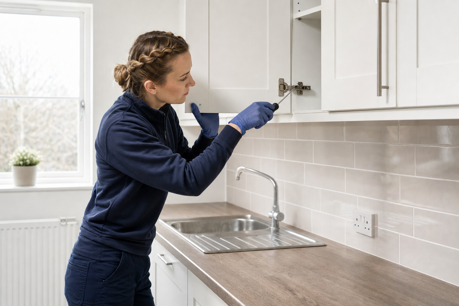 A woman wearing gloves uses a screwdriver to adjust hinges on a kitchen cabinet.