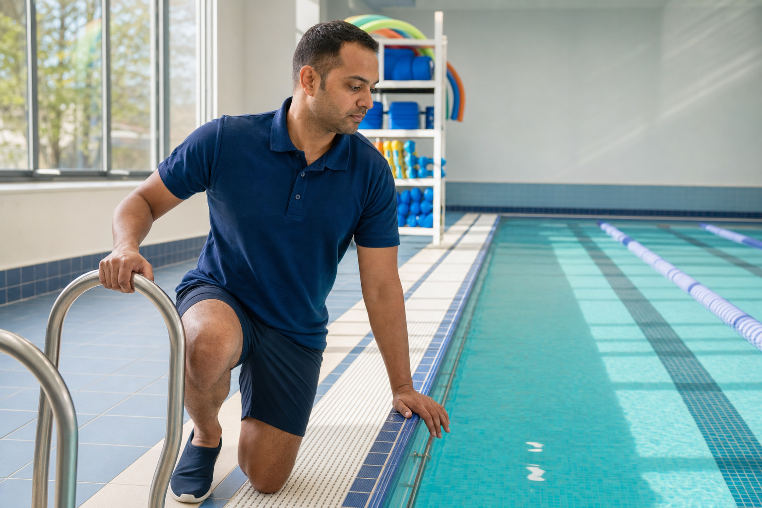 A man kneels by the indoor swimming pool, looking into the water, with pool equipment shelves in the background.
