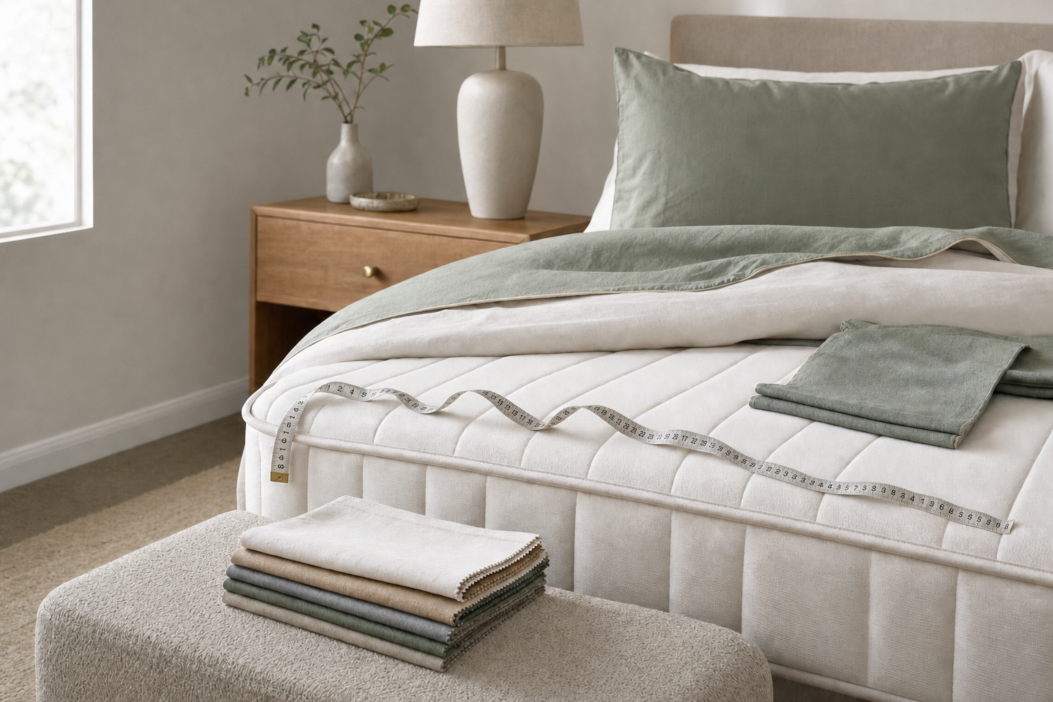Elegant bedroom with a neatly made bed, green bedding, fabric swatches, and a measuring tape, beside a wooden nightstand.