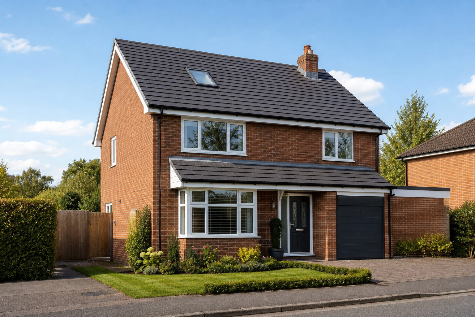 Two-storey red brick house with a grey tiled roof, large windows, and a well-kept front garden on a sunny day.