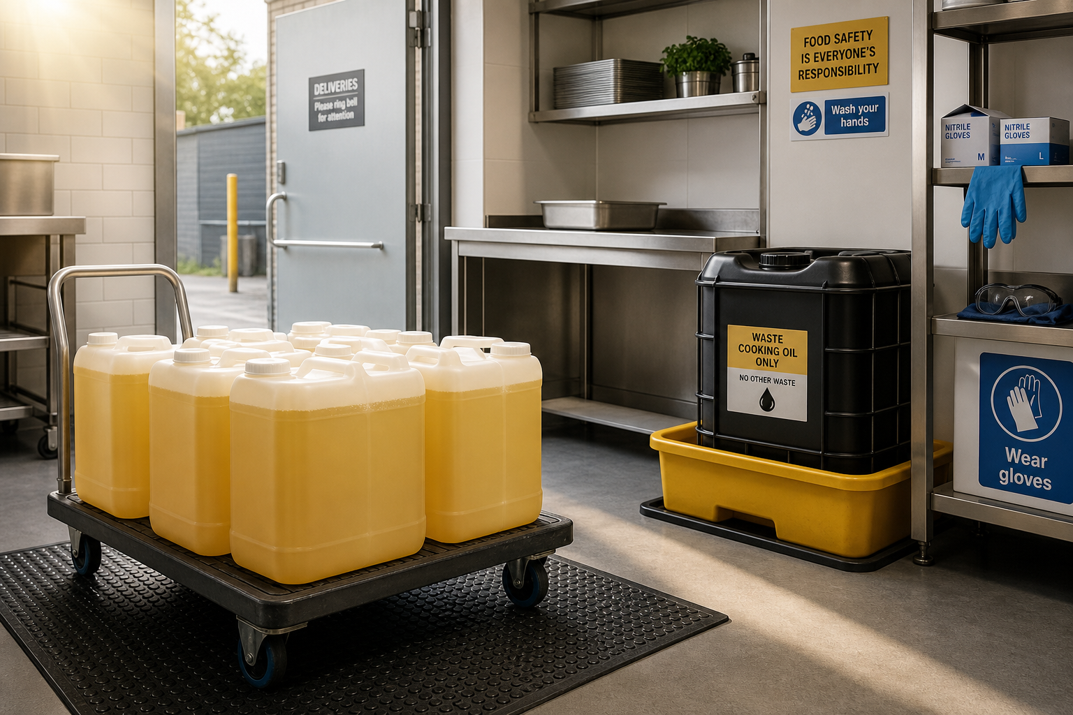 Kitchen with cooking oil containers on a trolley and waste oil bin nearby.