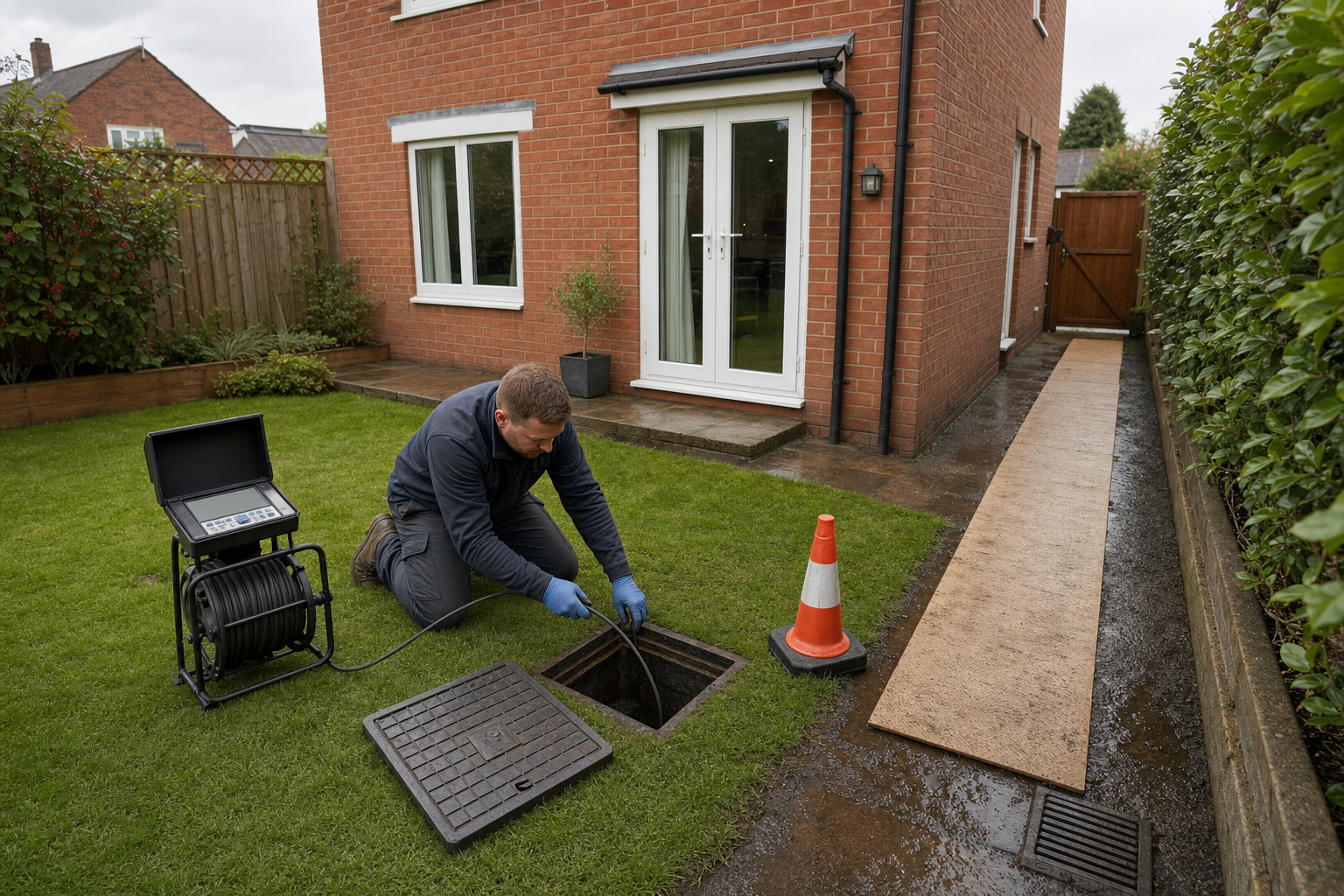 A man in work attire inspects a drain with camera equipment in a garden next to a red brick house.