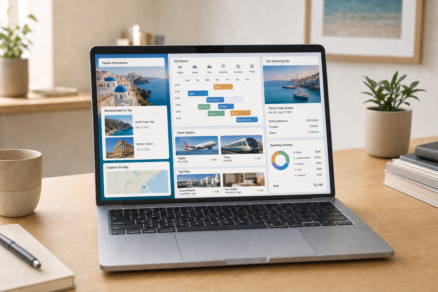 A laptop displays a travel planning app with destinations, itinerary, travel options, and a spending overview, on a desk.