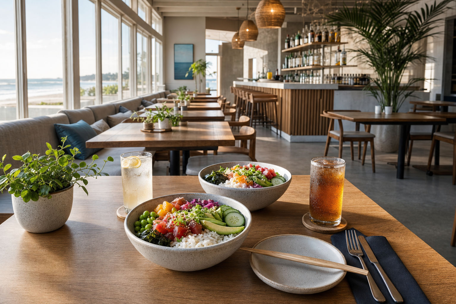 Bowls of colourful poke and drinks on a wooden table in a modern, airy restaurant with coastal views.