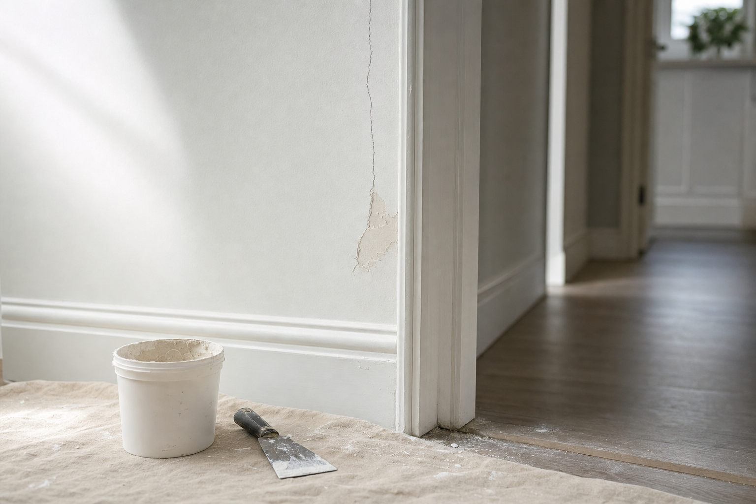 Spackling paste and putty knife on a tarp next to a cracked wall in a sunlit room.