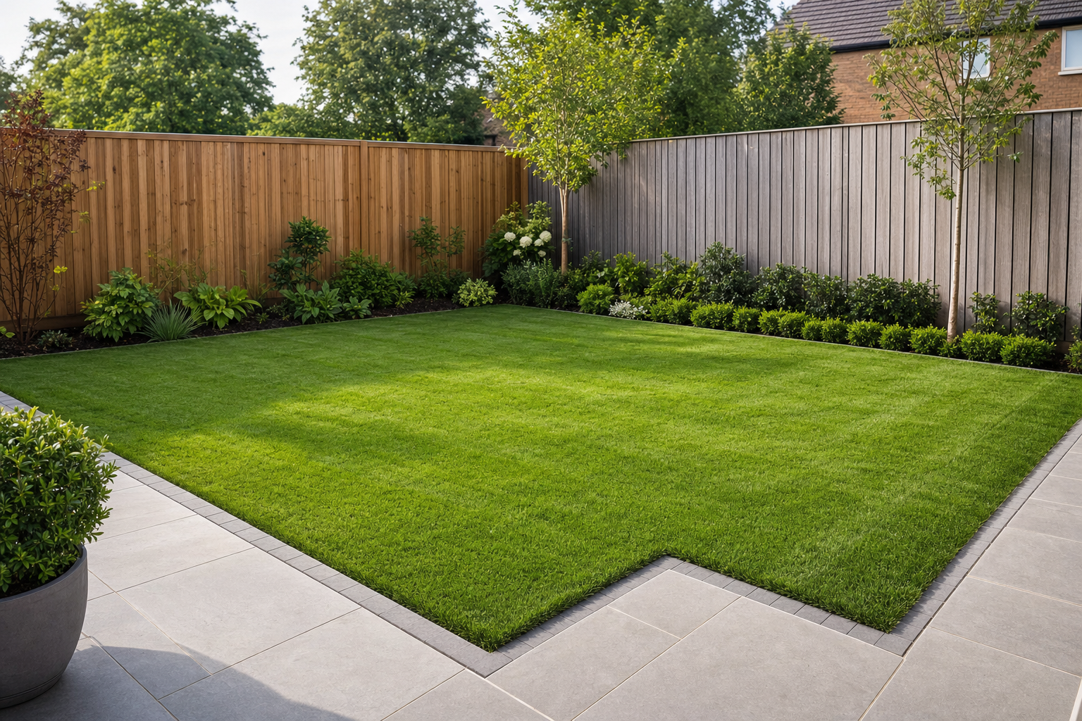 A neatly manicured lawn surrounded by wooden fencing and well-maintained hedges under a clear sky.