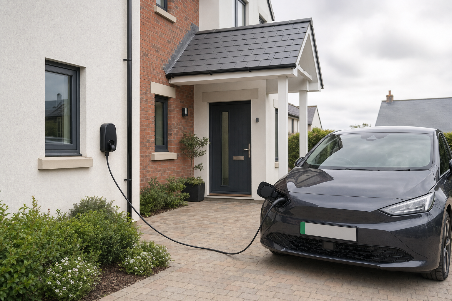 An electric car charging on a driveway outside a modern house.