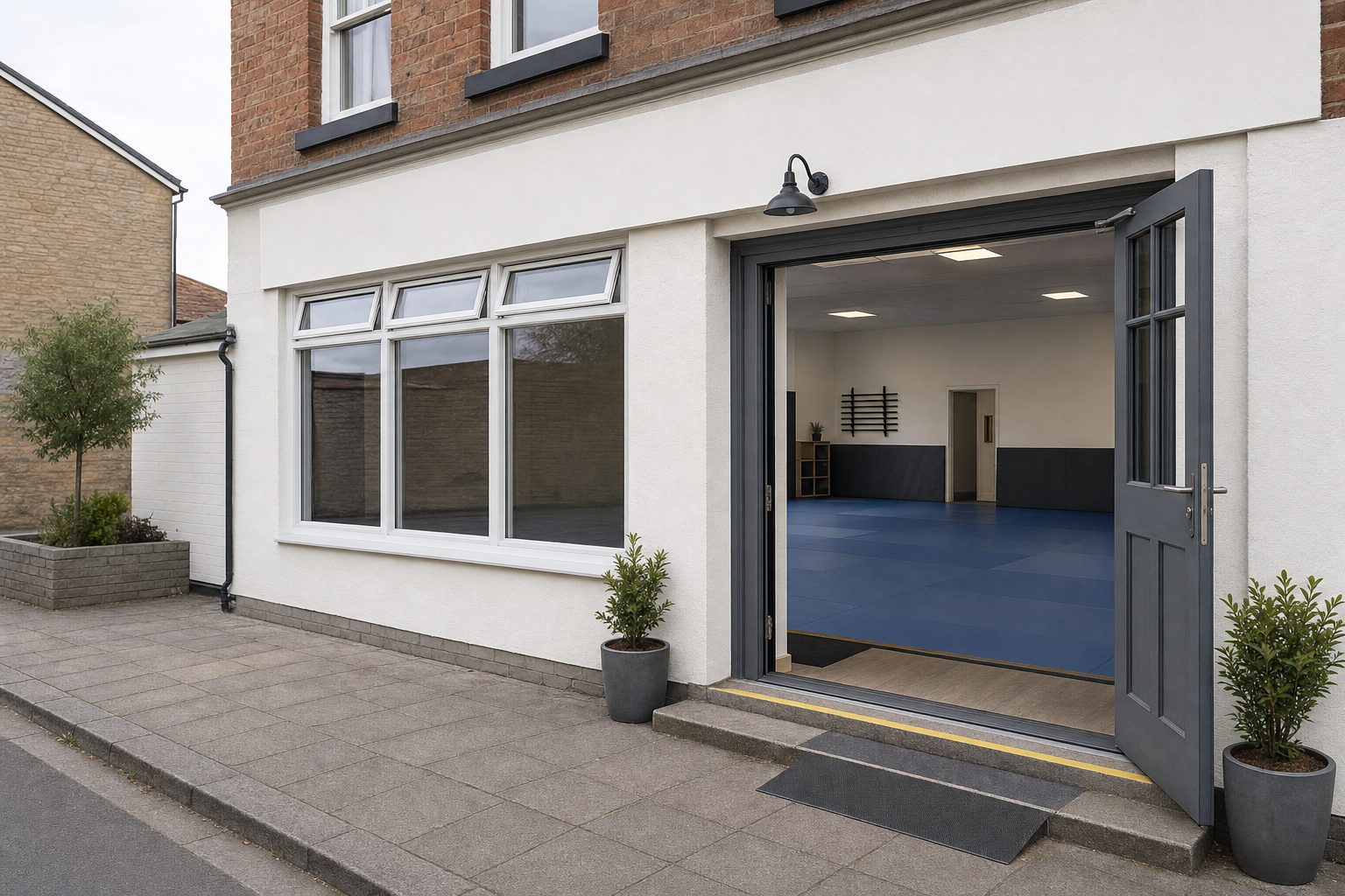 Open entrance of a martial arts studio with blue mats visible inside, flanked by potted plants.