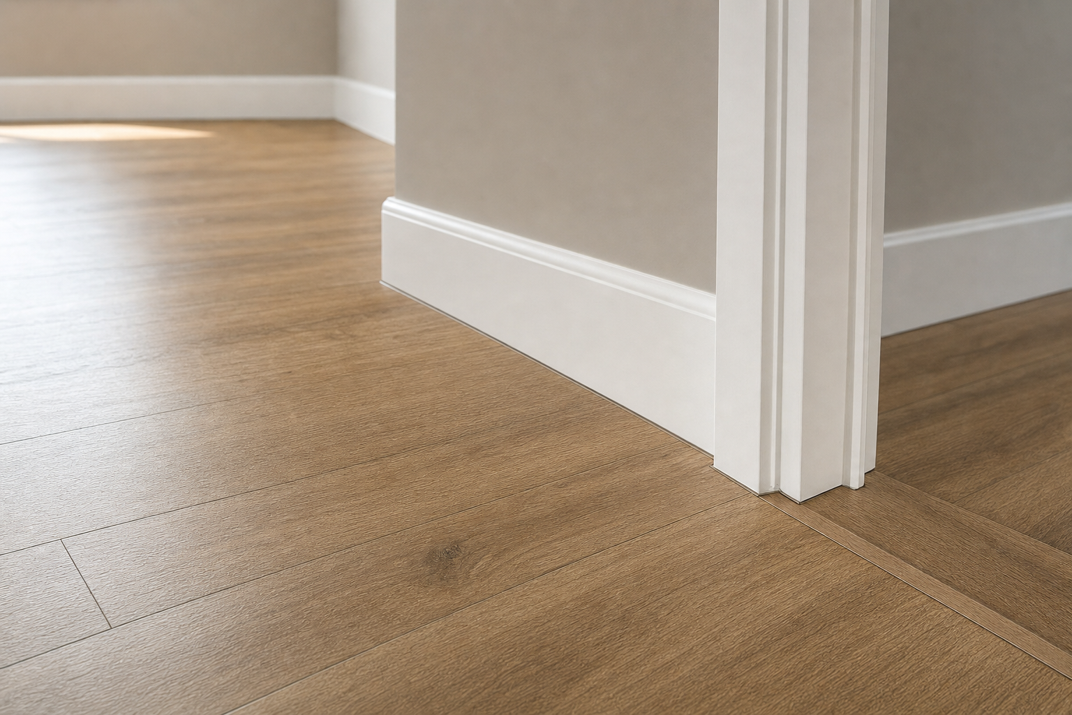 A room corner with wooden flooring, beige walls, and white skirting boards visible in natural light.