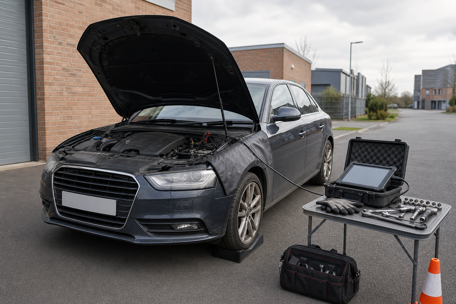 Car with its hood open, connected to diagnostic equipment next to a table with tools.