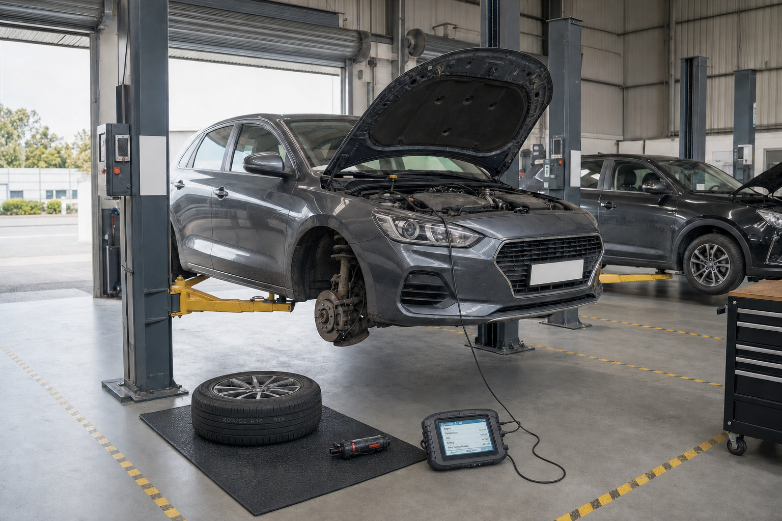 Grey car on a hydraulic lift in a garage with its hood open for maintenance, alongside a removed wheel and diagnostic equipment.