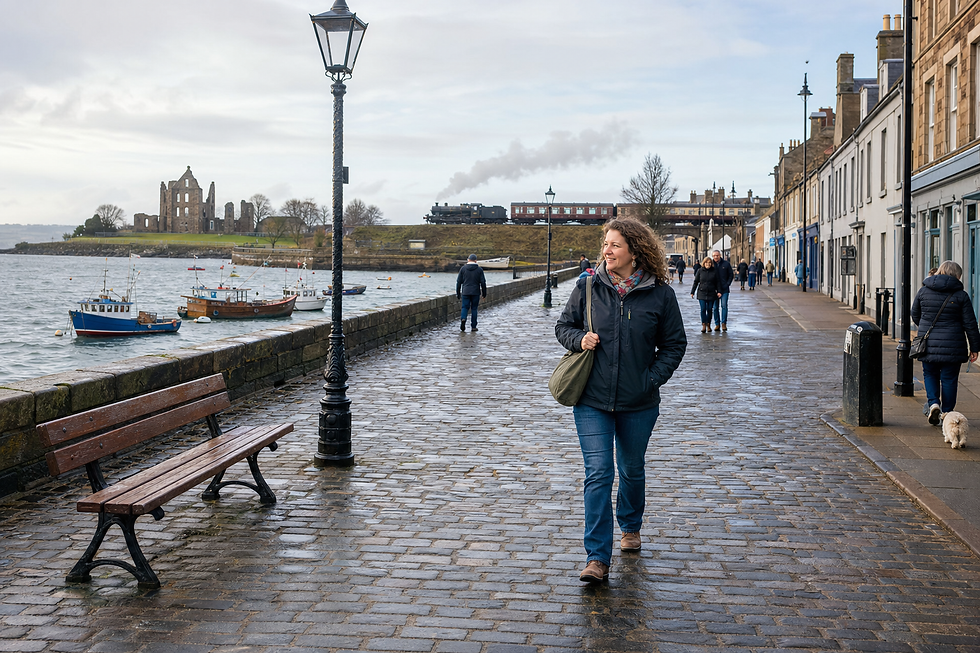 A woman walks along a cobblestone path by the seaside with boats and a historic ruin in the background.