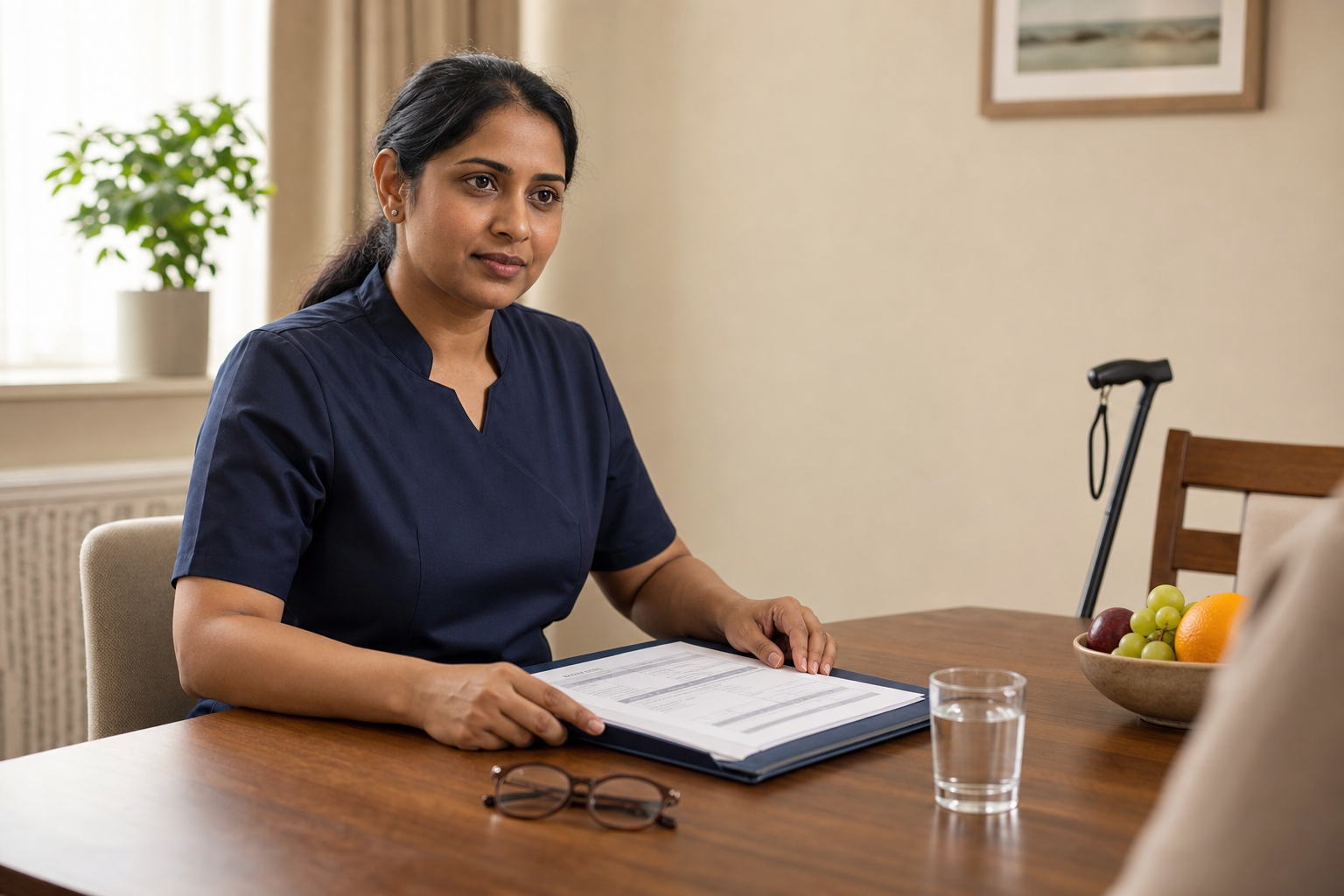 A woman in a dark blue uniform sits at a table with documents, glasses, a water glass, and a bowl of fruit.