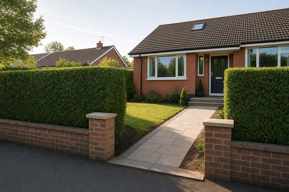Red-brick bungalow with a neatly trimmed hedge and tiled pathway leading to the entrance on a sunny day.