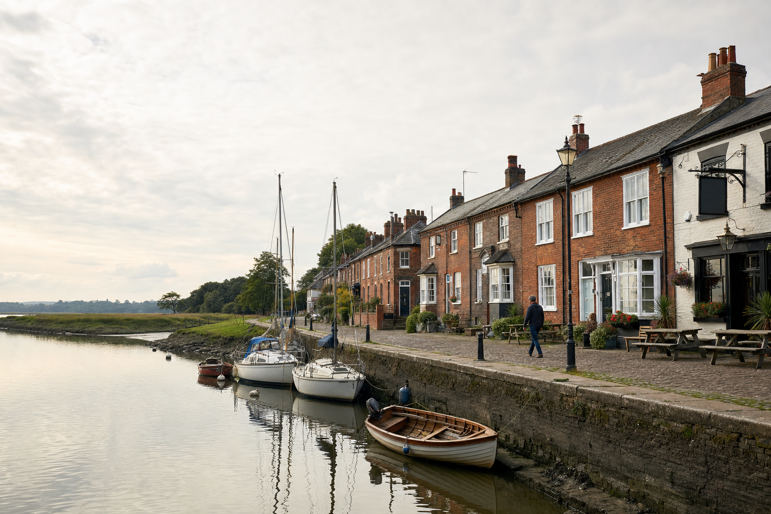 A row of boats moored along a quaint riverside lined with traditional brick houses and cobblestone paths.