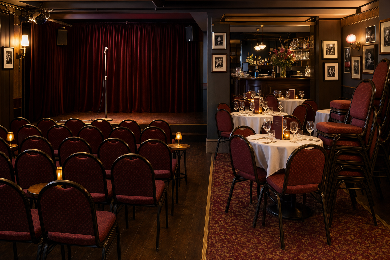 Comedy club with a stage, microphone, red velvet curtains, chairs, and tables set with wine glasses and candles.