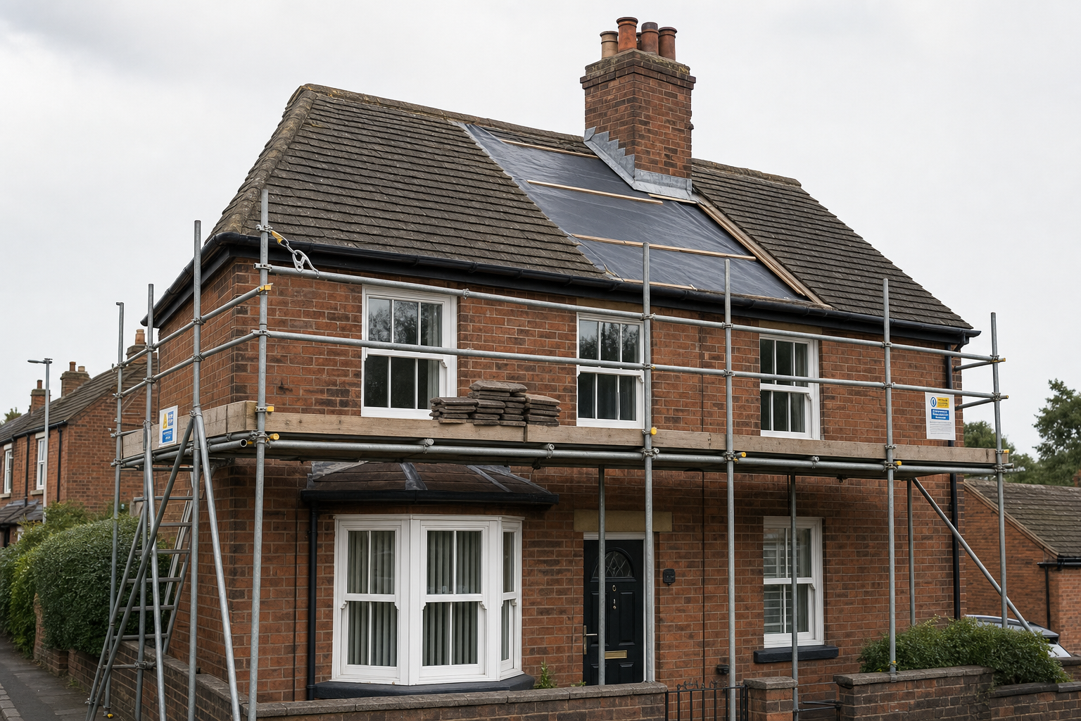 A brick house with scaffolding set up for roof repairs, showing tiles stacked above the windows.