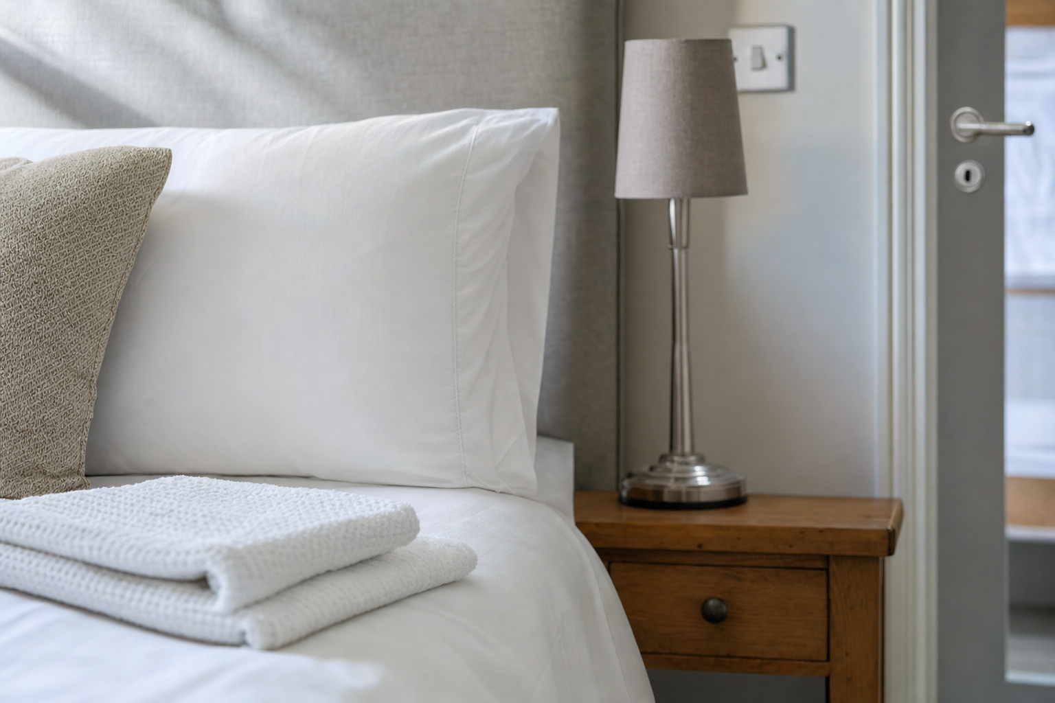 A neatly made bed with white linens, a beige cushion, a folded blanket, and a bedside table lamp in a modern bedroom.