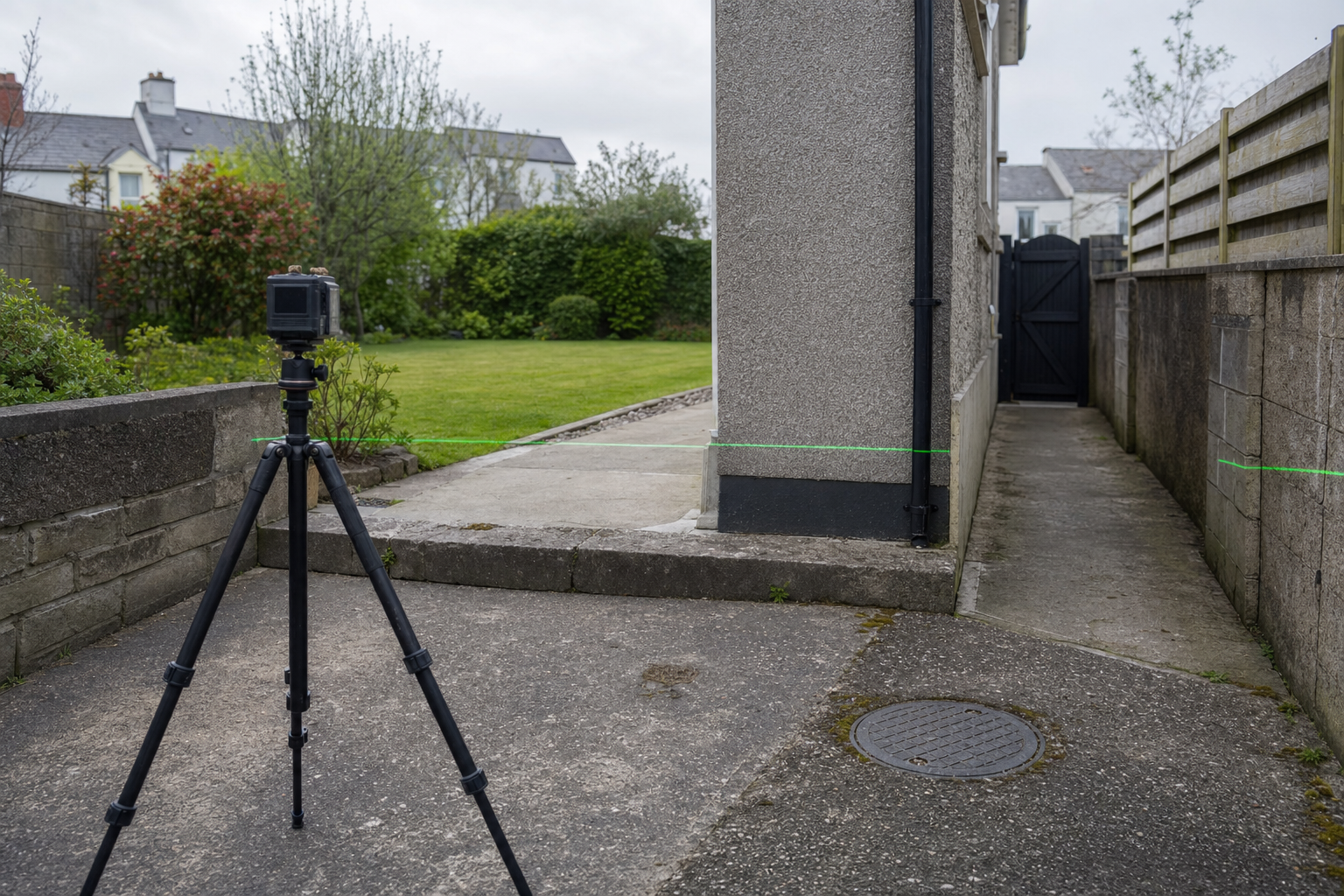 A camera on a tripod is set up on a patio beside a house, aimed at a narrow path leading to a gate.