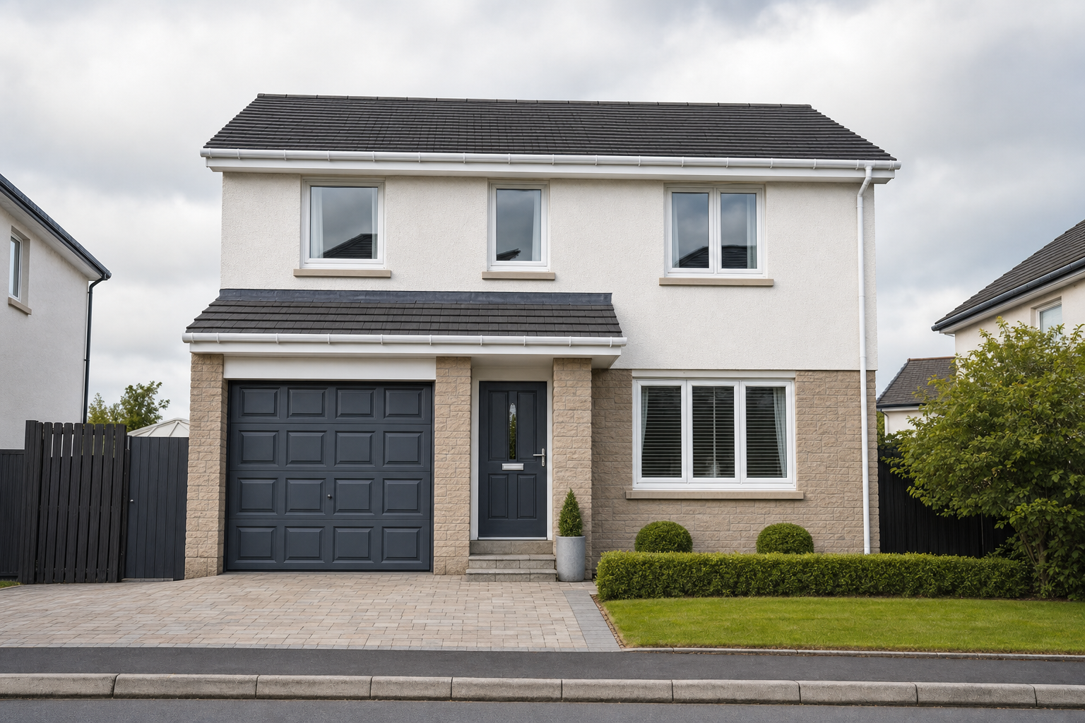 Two-storey modern detached house with a garage, grey door, and neatly trimmed hedges.