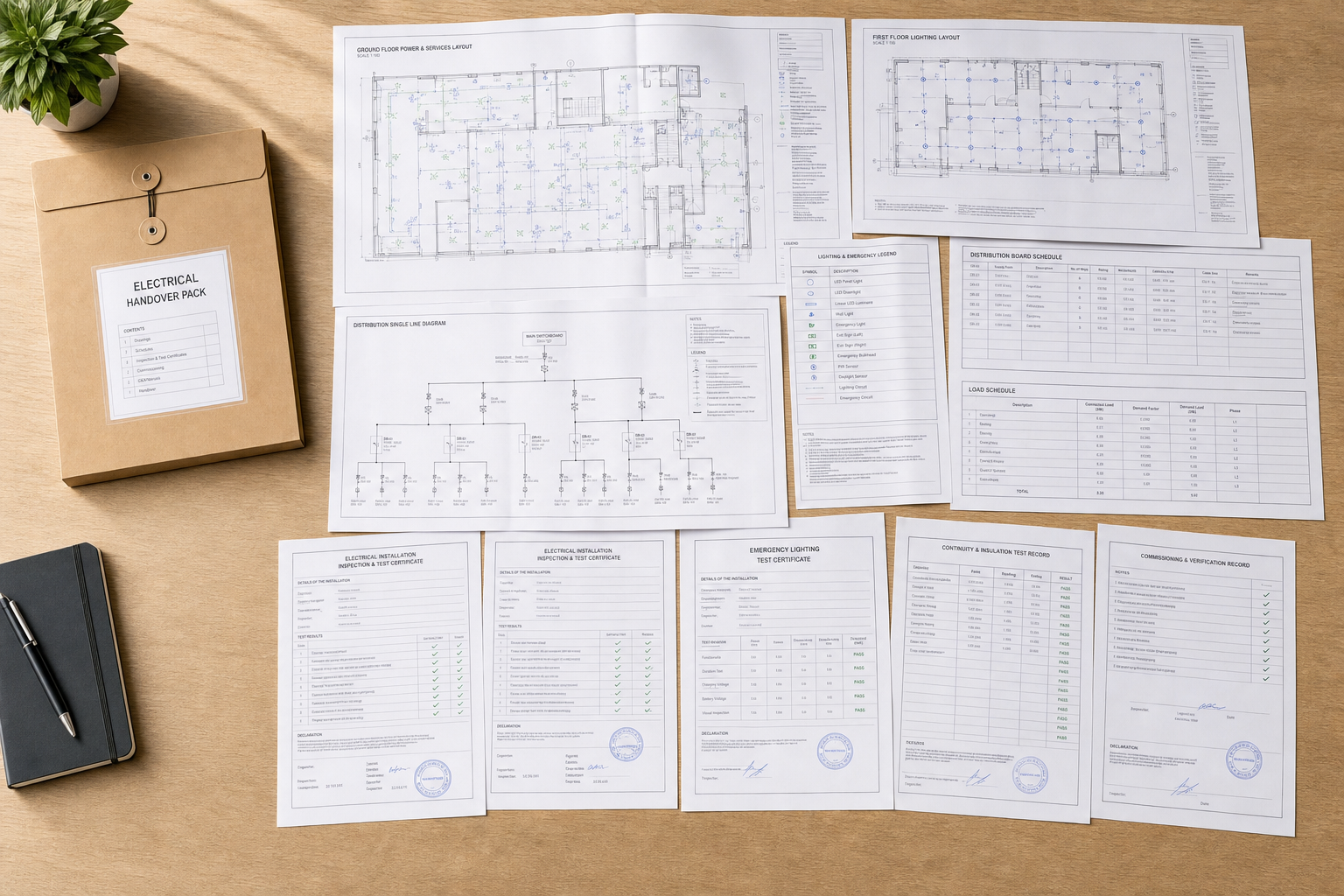 Electrical handover pack with blueprints and certificates on a wooden desk.