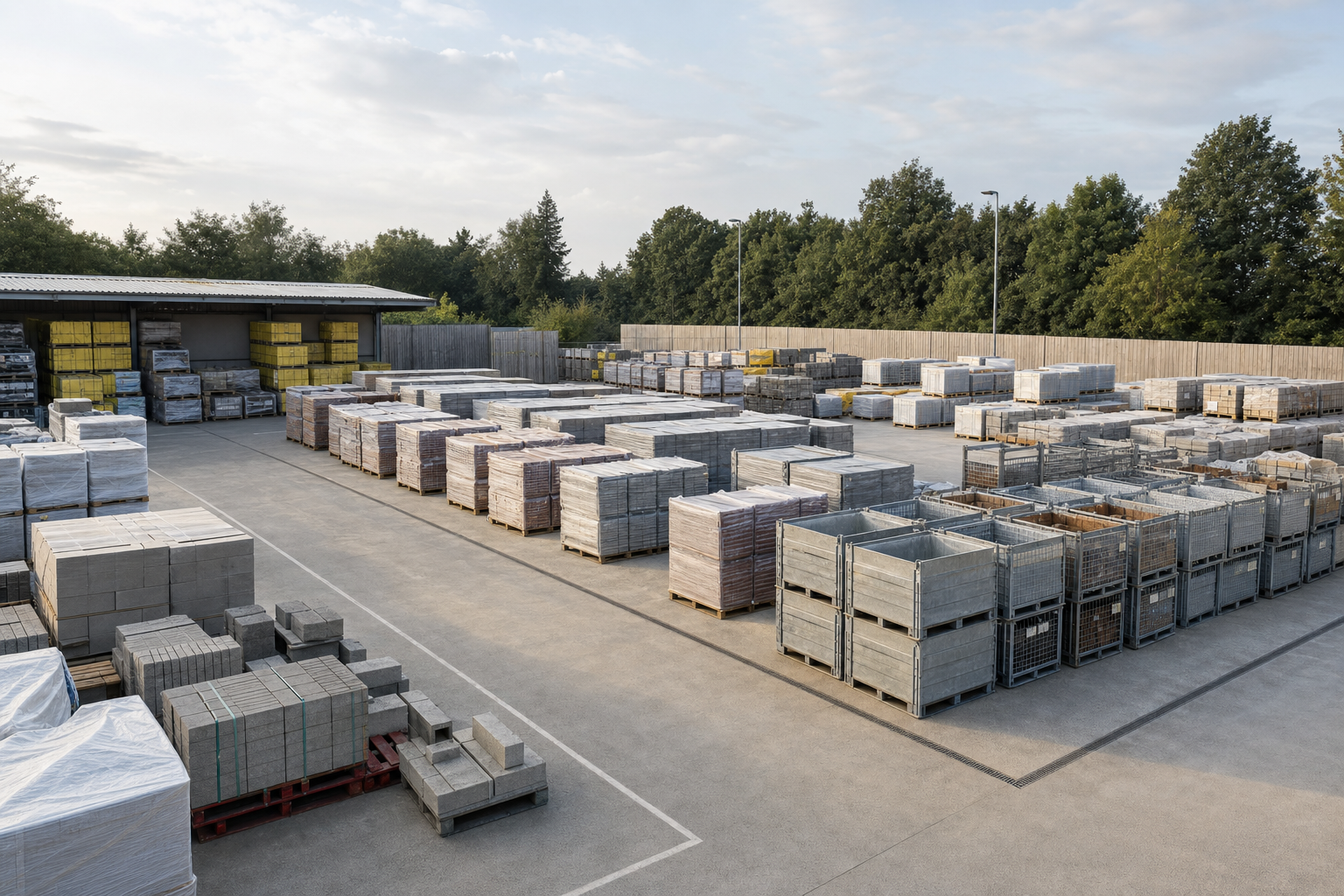 Stacks of concrete blocks and crates arranged neatly in an outdoor storage area with surrounding trees.