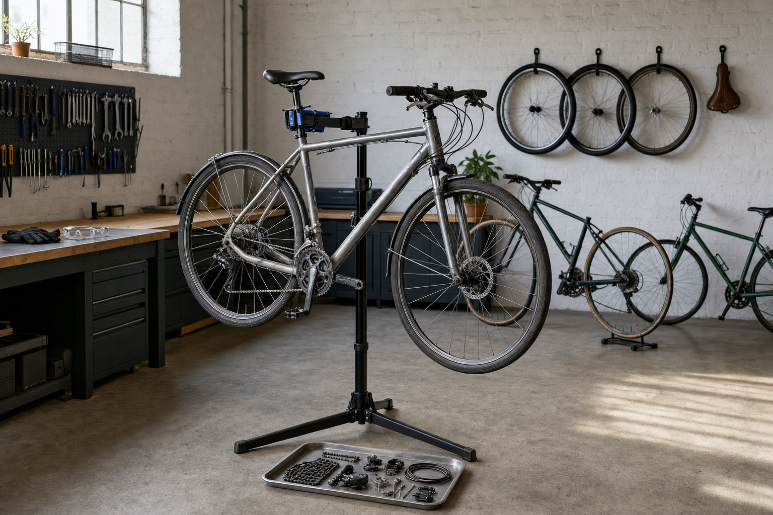 A bicycle mounted on a repair stand in a workshop with tools hanging on the wall.