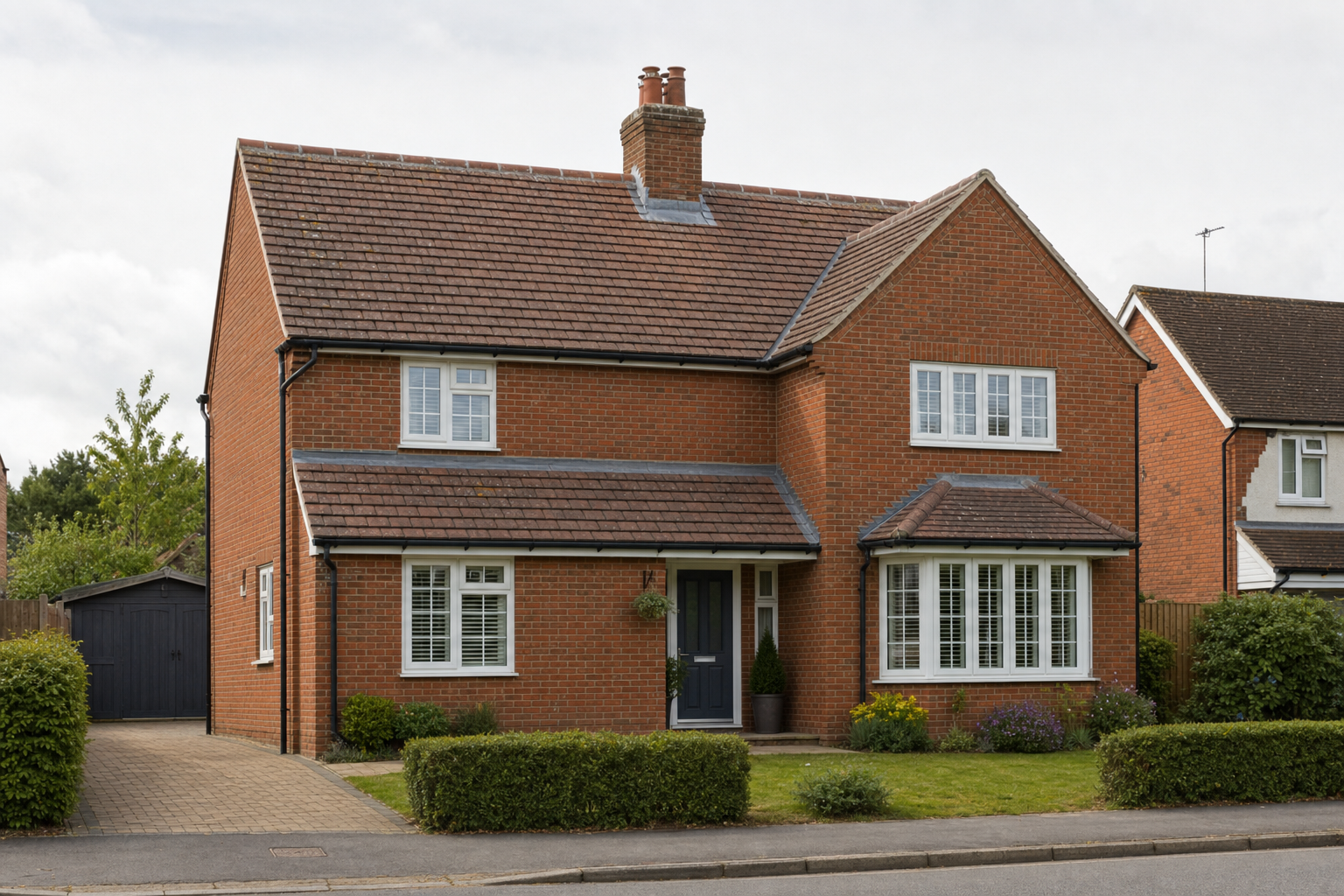 A detached red brick house with a tiled roof, white shutters, and a small front garden.