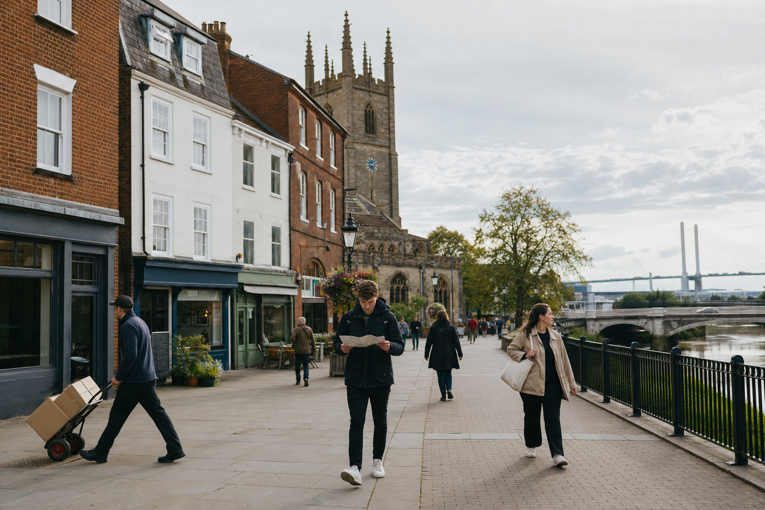 A busy street scene with people walking near a historic church and buildings, next to a river and large bridge in the background.