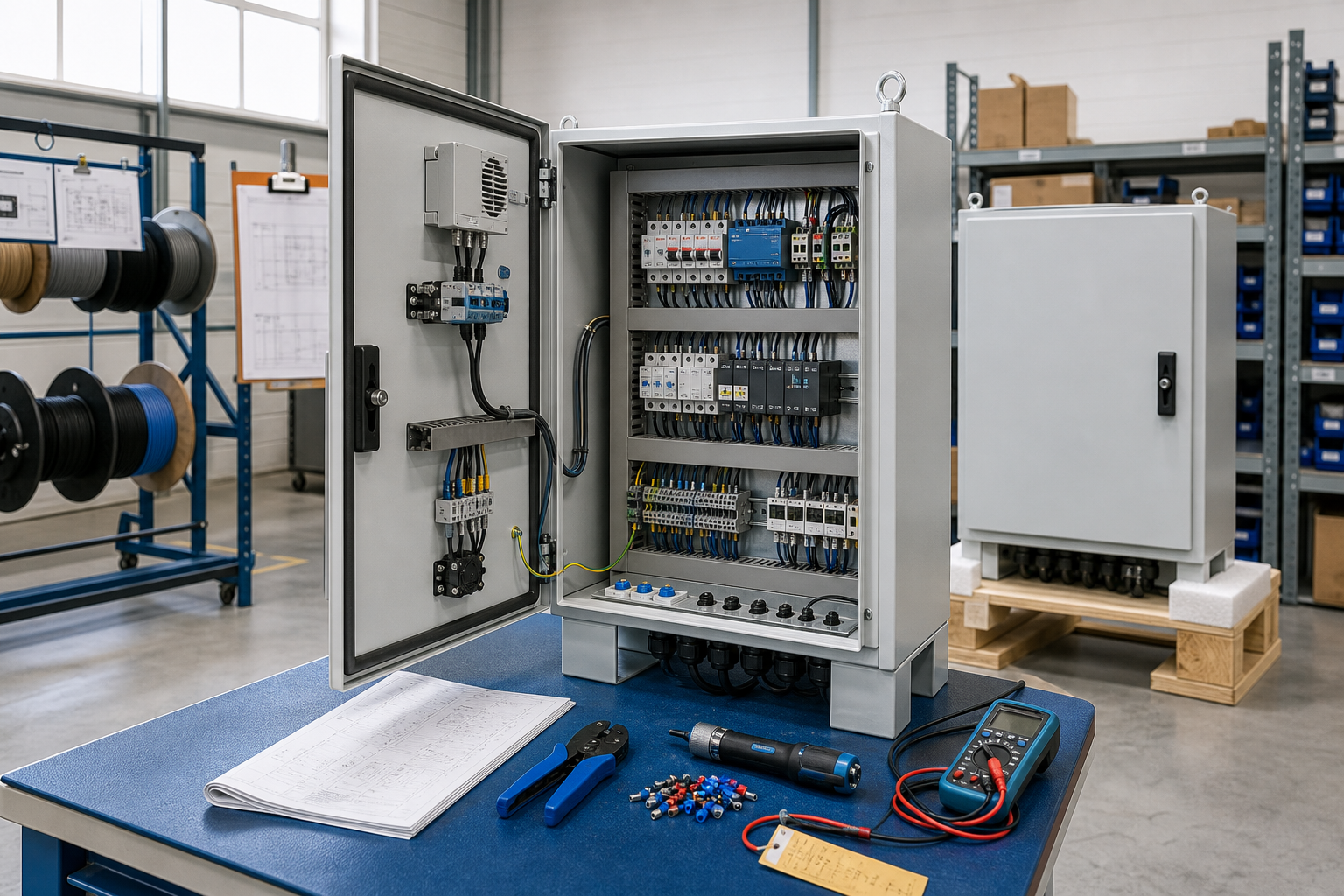 Open electrical cabinet with tools and diagrams on a blue workbench in an industrial setting.