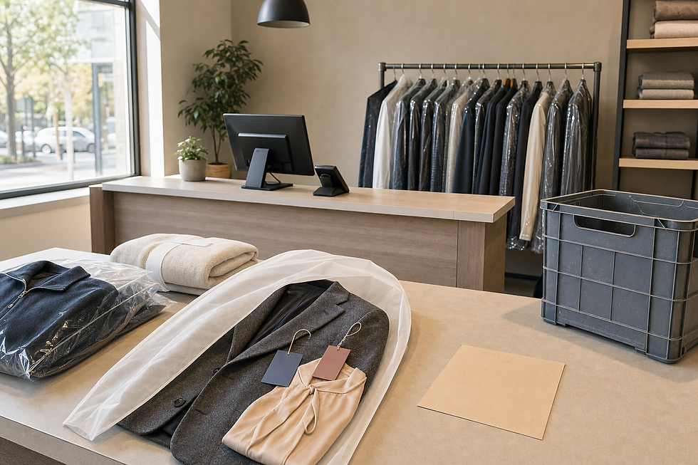A clean and organised dry cleaning store with clothes wrapped in plastic on counters and a neatly arranged rack.