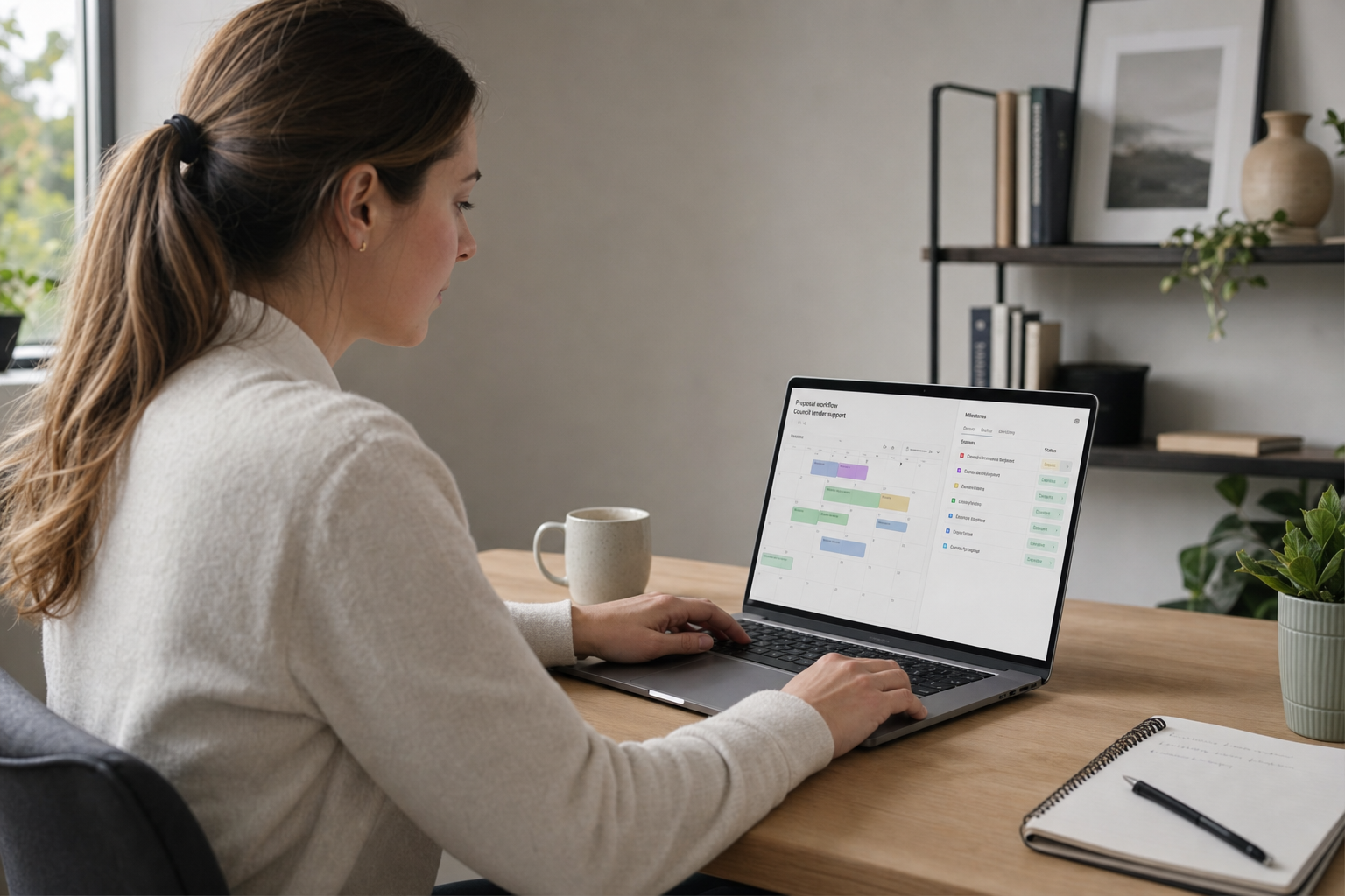 A woman working on a laptop displaying a colourful project timeline in a home office setting.
