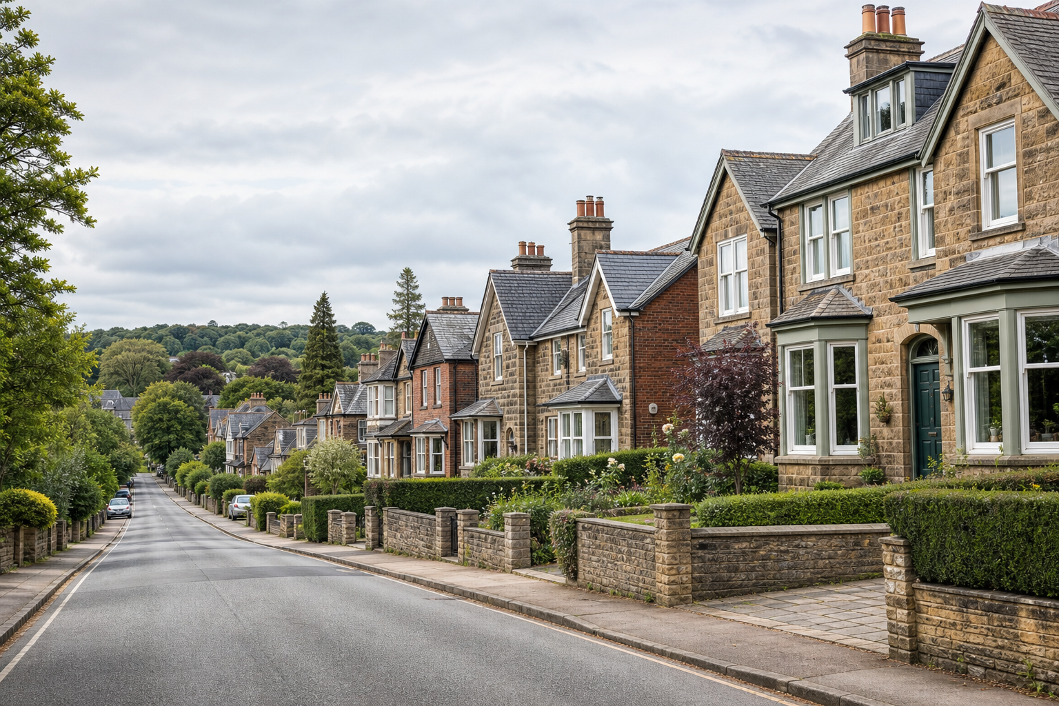 A row of traditional British terraced houses lines a quiet, tree-lined street under a cloudy sky.