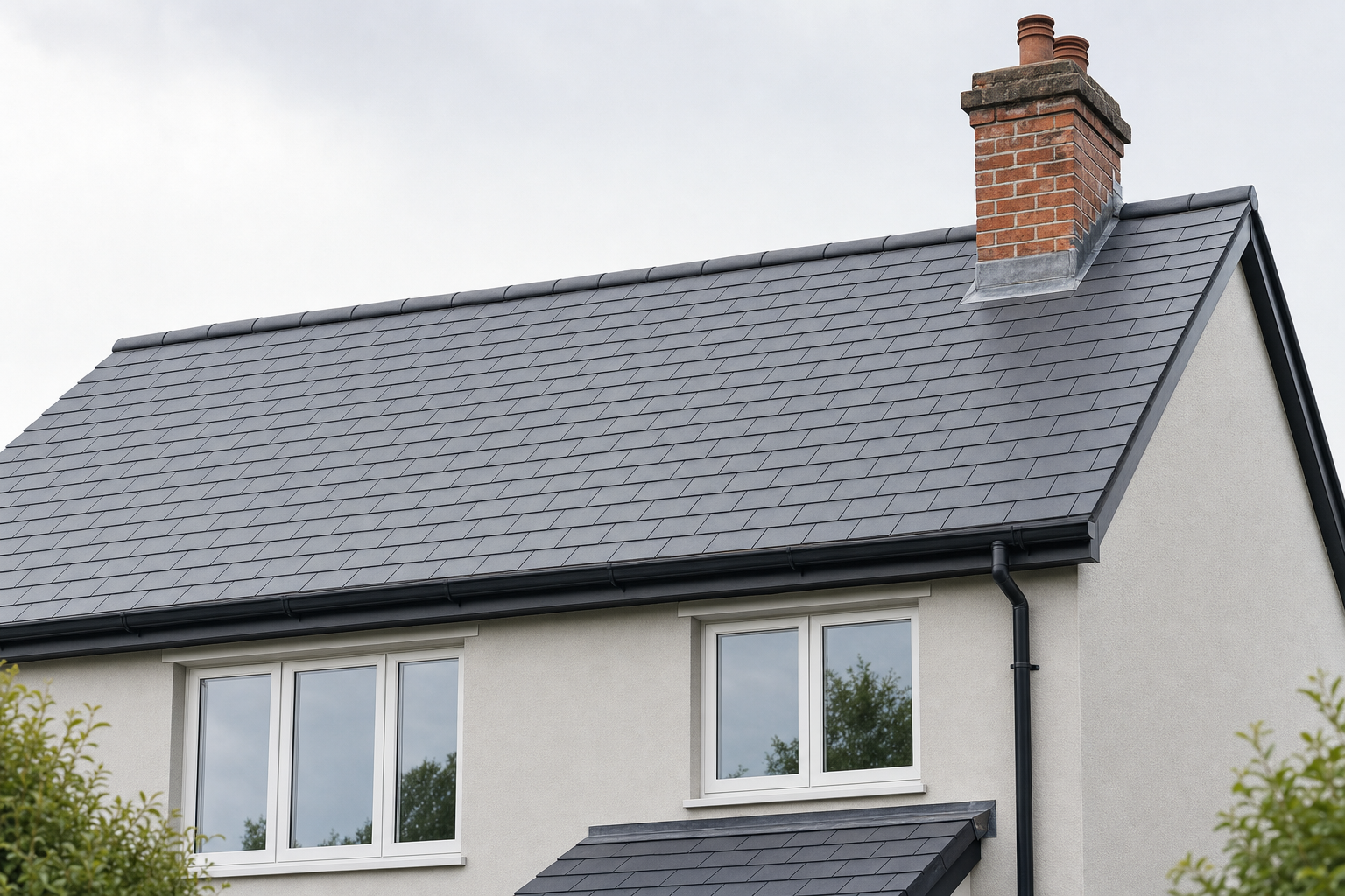 A house with a grey slate pitched roof and a red brick chimney against a cloudy sky.