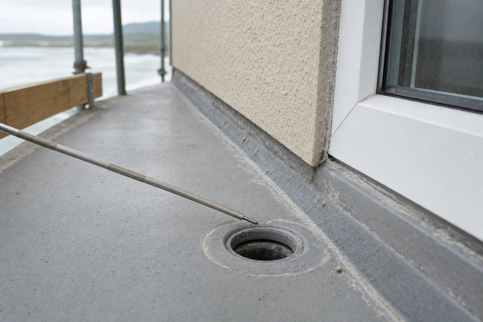 A probe is inserted into a drain hole on a concrete balcony near a building wall and window frame.