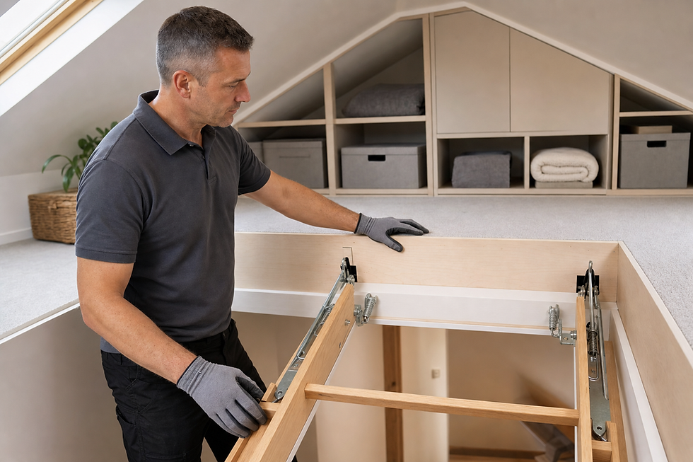 Man examining a wooden loft ladder mechanism in a modern attic room with built-in storage.
