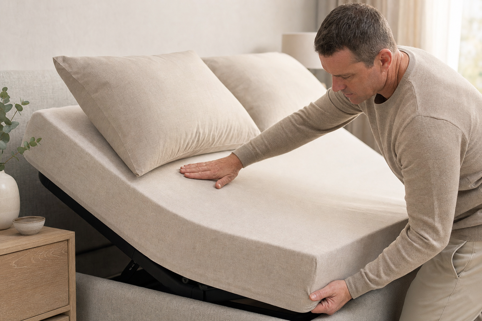 Person adjusting a beige adjustable mattress in a well-lit bedroom.