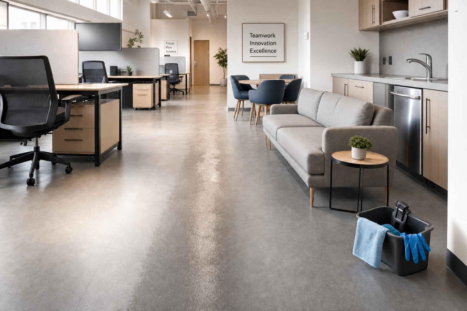 Modern open-plan office with a grey sofa, wooden desks, chairs, and a kitchenette, featuring motivational wall art.