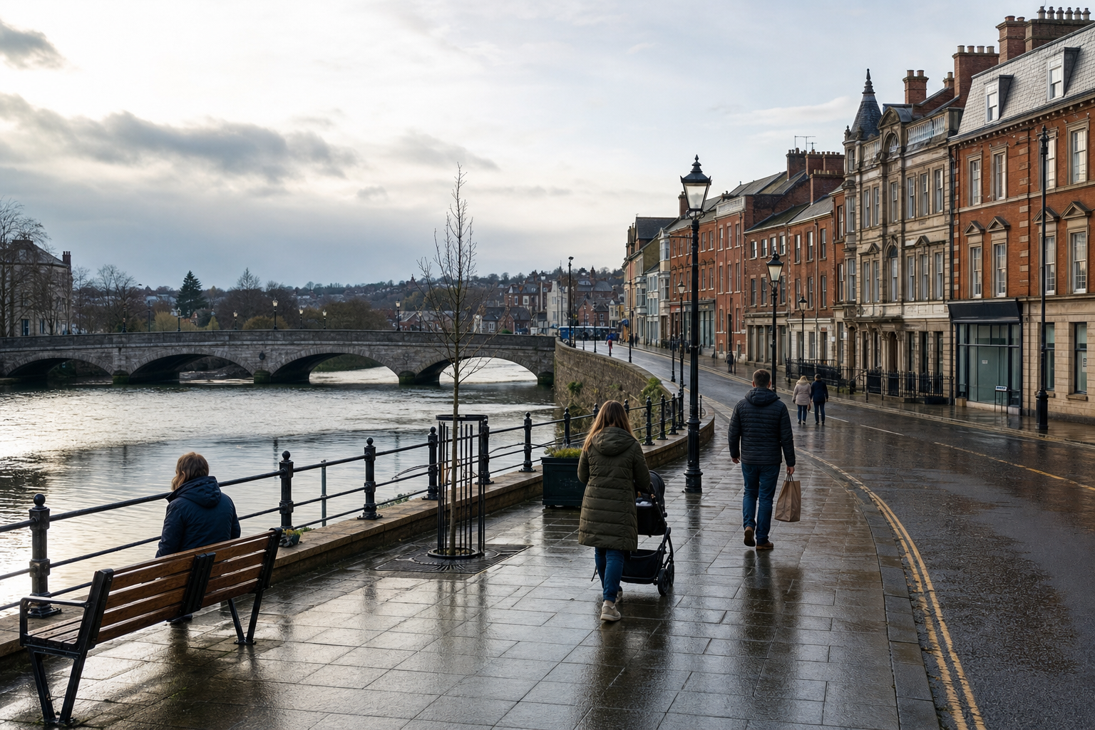 Pedestrians stroll along a riverside promenade near a stone bridge and historic buildings.